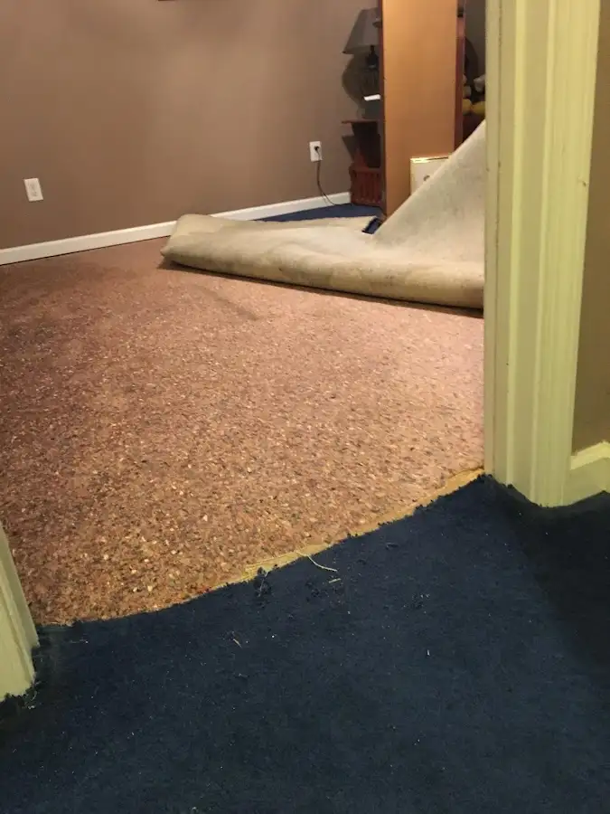 Carpet pad removal revealing water damage during Water Mitigation Services in Georgetown